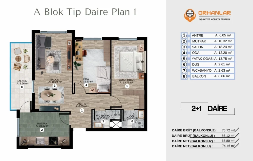 Dora Park Elvankent (Dorapark Bulvar) A Blok Tip 1 (2+1) kat planı